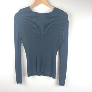 C.H. Classics Navy 100% Silk Ribbed Long Sleeve Top Medium